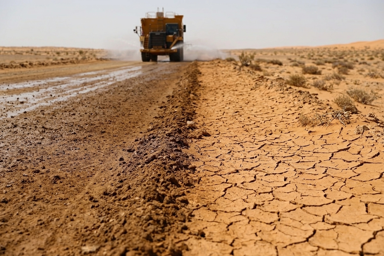 Water and binder truck treating a desert haul road, sealing the surface with bituminous emulsion