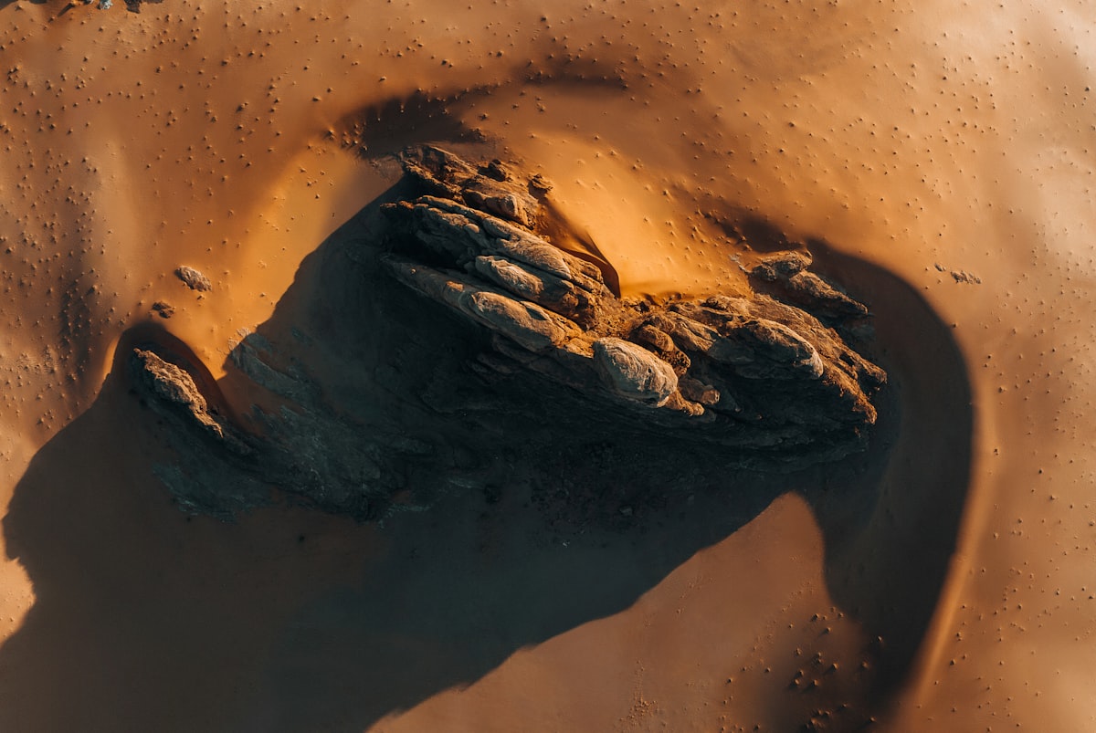 Aerial view of a desert rock formation in the AlUla region
