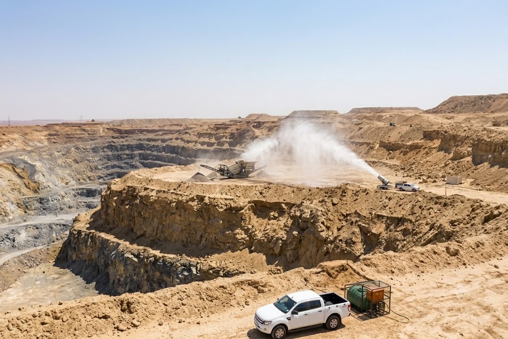 Aerial view of a large open-pit mining area under dust control treatment across haul roads and worked ground